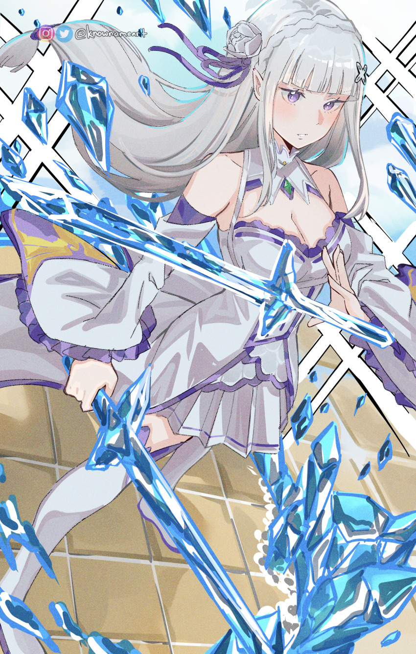 1girl absurdres bare_shoulders belt braid breasts cleavage crown_braid cryokinesis crystal_sword dress dual_wielding elf emilia_(re:zero) flower full_body gem green_gemstone hair_flower hair_ornament hair_ribbon highres holding holding_sword holding_weapon ice knowname long_hair medium_breasts pointy_ears purple_eyes purple_ribbon purple_trim re:zero_kara_hajimeru_isekai_seikatsu ribbon rose solo sword thigh_belt thigh_strap tile_floor tiles weapon white_dress white_flower white_hair white_rose wide_sleeves x_hair_ornament