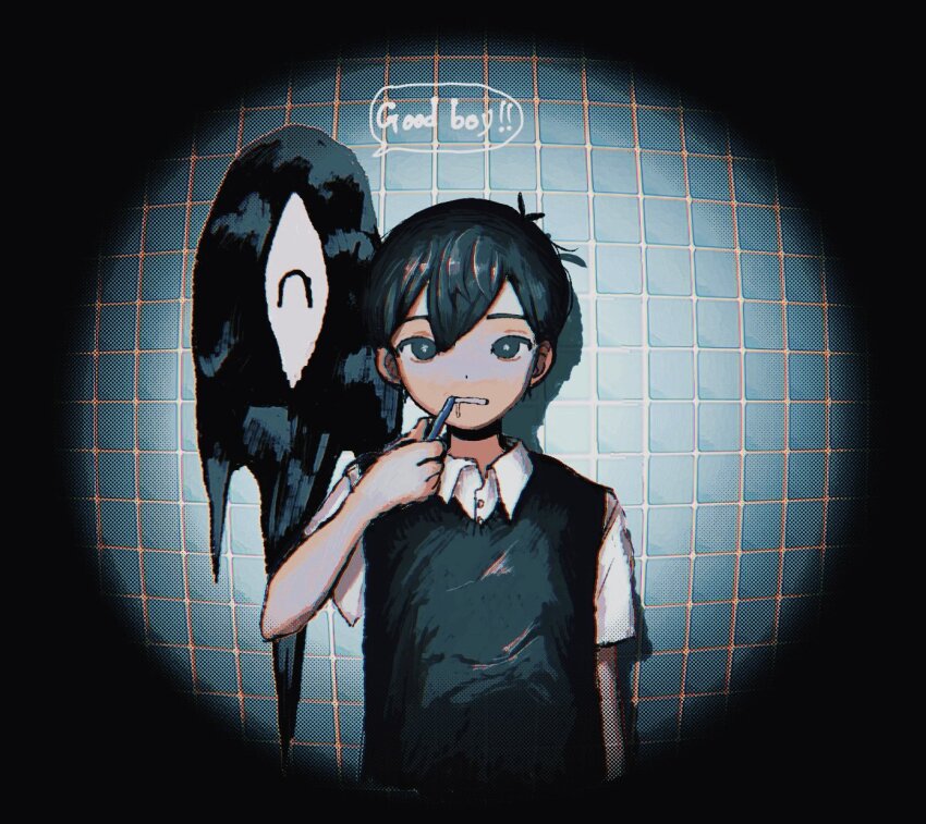 1boy bathroom black_eyes black_hair black_sweater_vest bright_pupils collared_shirt english_text highres holding holding_toothbrush male_focus omori parted_lips shirt short_sleeves solo something_(omori) speech_bubble spoilers sunny_(omori) sweater_vest tate_ware_anal toothbrush toothbrush_in_mouth white_pupils white_shirt