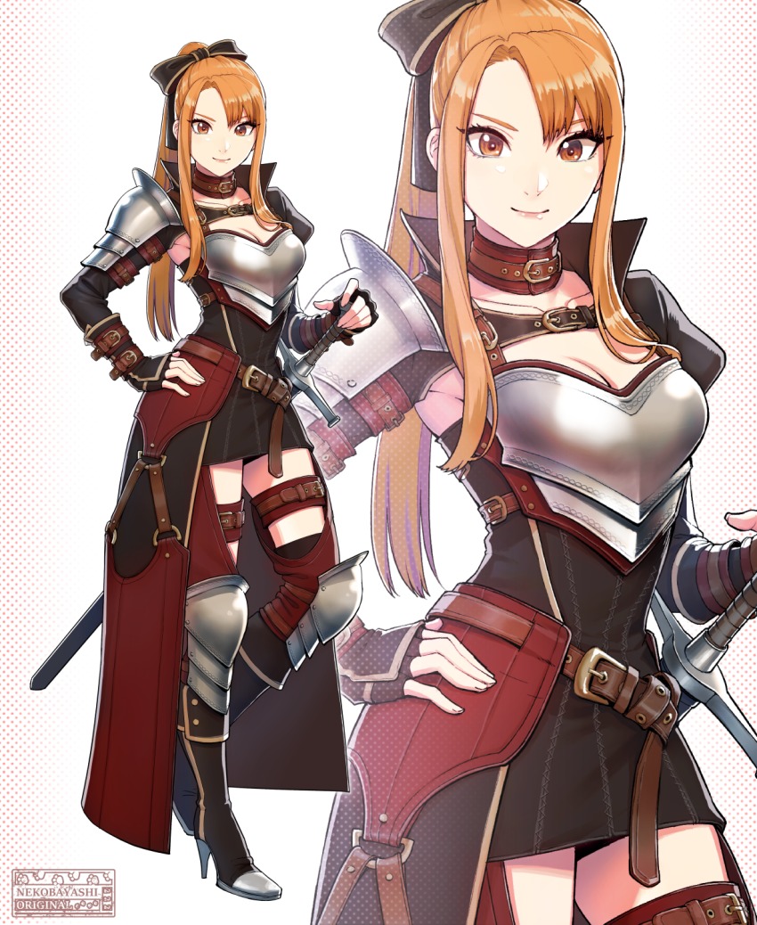 1girl arm_belt armor armored_boots belt black_bow black_dress boots bow breastplate breasts cleavage collar dress female_focus fingerless_gloves gloves hair_bow hand_on_own_hip high_heel_boots high_heels highres knight long_hair looking_at_viewer multiple_belts nekobayashi_(nekoforest) orange_eyes orange_hair original ponytail sheath sheathed short_dress shrug_(clothing) sidelocks small_breasts smile solo standing standing_on_one_leg sword weapon zoom_layer