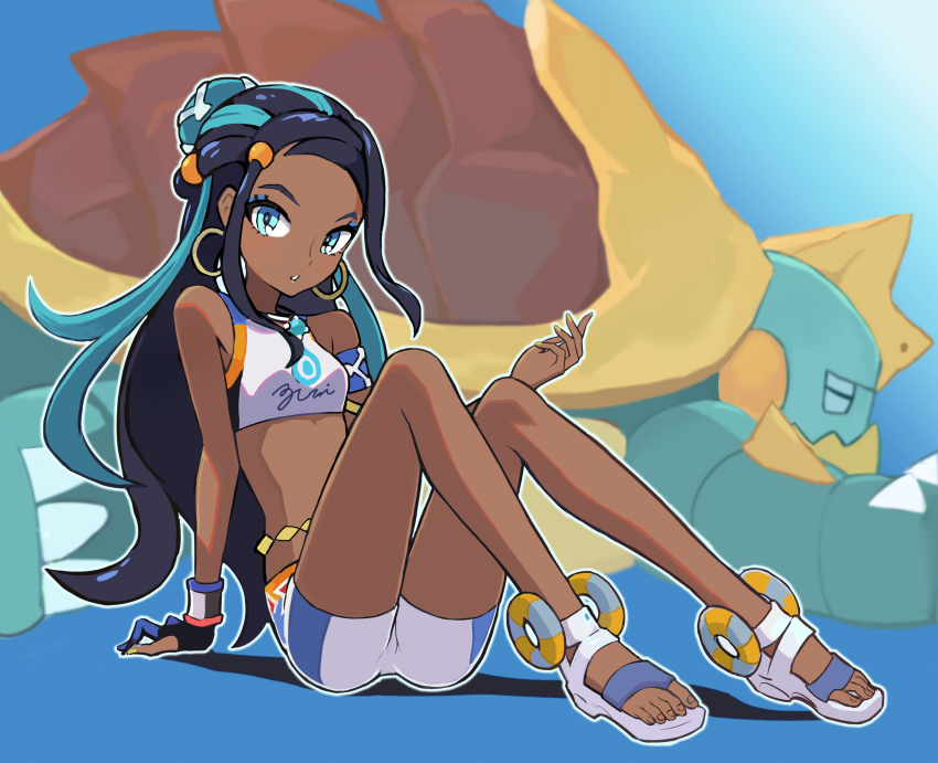 1girl aqua_eyes aqua_hair arm_support armlet belly_chain bike_shorts black_hair blue_eyeshadow commentary_request dark-skinned_female dark_skin drednaw dynamax_band earrings eyeshadow full_body gen_8_pokemon gloves hair_bun hand_up highres hoop_earrings jewelry long_hair looking_at_viewer makeup multicolored_hair necklace nessa_(pokemon) nintendo okken outline parted_lips partially_fingerless_gloves pokemon pokemon_(creature) pokemon_swsh sandals single_glove single_hair_bun sitting two-tone_hair white_footwear