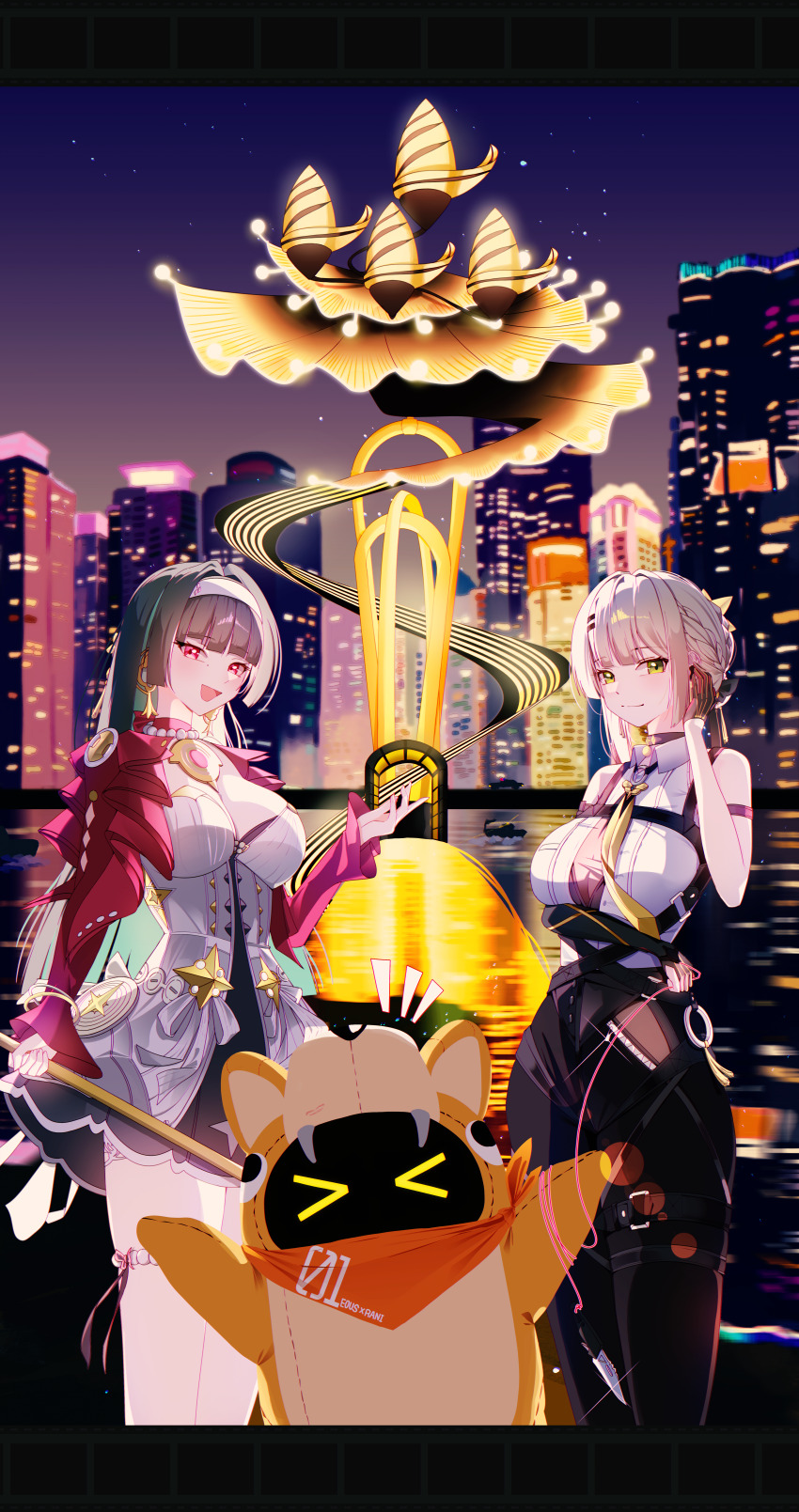 2girls :d absurdres alternate_breast_size arm_strap arm_under_breasts astra_yao bandana bangboo_(zenless_zone_zero) bare_shoulders black_choker black_dress black_gloves black_hair black_pants blonde_hair blunt_sidelocks braid breasts chest_strap choker city cleavage closed_mouth cosplay cut_bangs dress evelyn_chevalier evelyn_chevalier_(cosplay) gloves green_eyes gumbshil hair_ornament hairband hairclip half_gloves hand_on_own_cheek hand_on_own_face high-waist_pants highres jacket jewelry large_breasts layered_dress long_hair looking_at_viewer mascot multiple_girls necklace necktie night o-ring open_mouth orange_bandana pants pearl_necklace red_eyes red_jacket see-through_cleavage see-through_clothes shirt short_dress short_hair single_half_glove sleeveless sleeveless_shirt smile standing thigh_beads thigh_strap tight_clothes tight_pants uneven_bangs viichan virtual_youtuber waktaverse water white_dress white_hairband white_shirt wing_collar yellow_necktie zenless_zone_zero