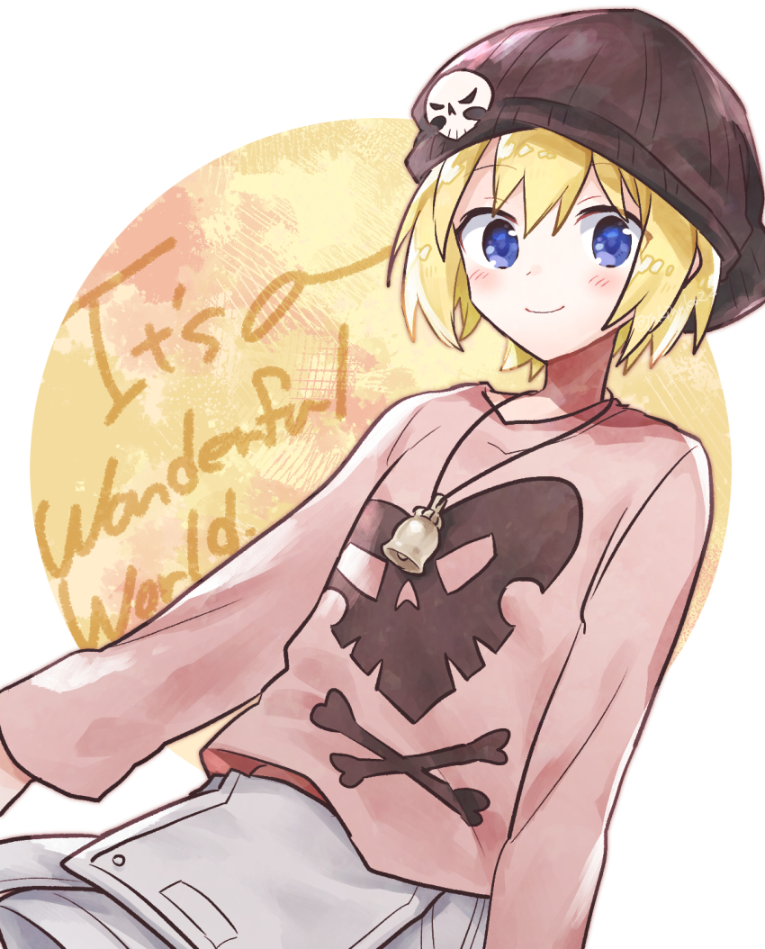 1girl beanie bell bito_raimu black_hat blue_eyes blush closed_mouth eyebrows_hidden_by_hair female_focus hat highres jewelry long_sleeves looking_at_viewer necklace orange_shirt shirt shorts skull_pin skull_print smile solo subarashiki_kono_sekai white_shorts
