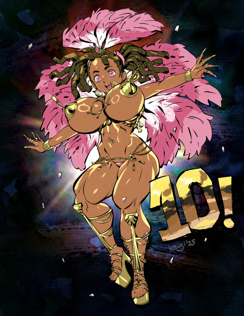 1girl :d alternate_muscle_size ayukawa_miyuki basquash! boots breasts carnaval_do_brasil dark-skinned_female dark_skin dreadlocks feathers full_body high_heels highres huge_breasts keigi knee_boots muscular muscular_female nipple_jewelry nipple_tassels open_mouth pasties piercing pink_eyes pink_feathers platform_heels revealing_clothes samba simple_background smile solo tareme tassel thick_thighs thighs tongue_piercing twintails