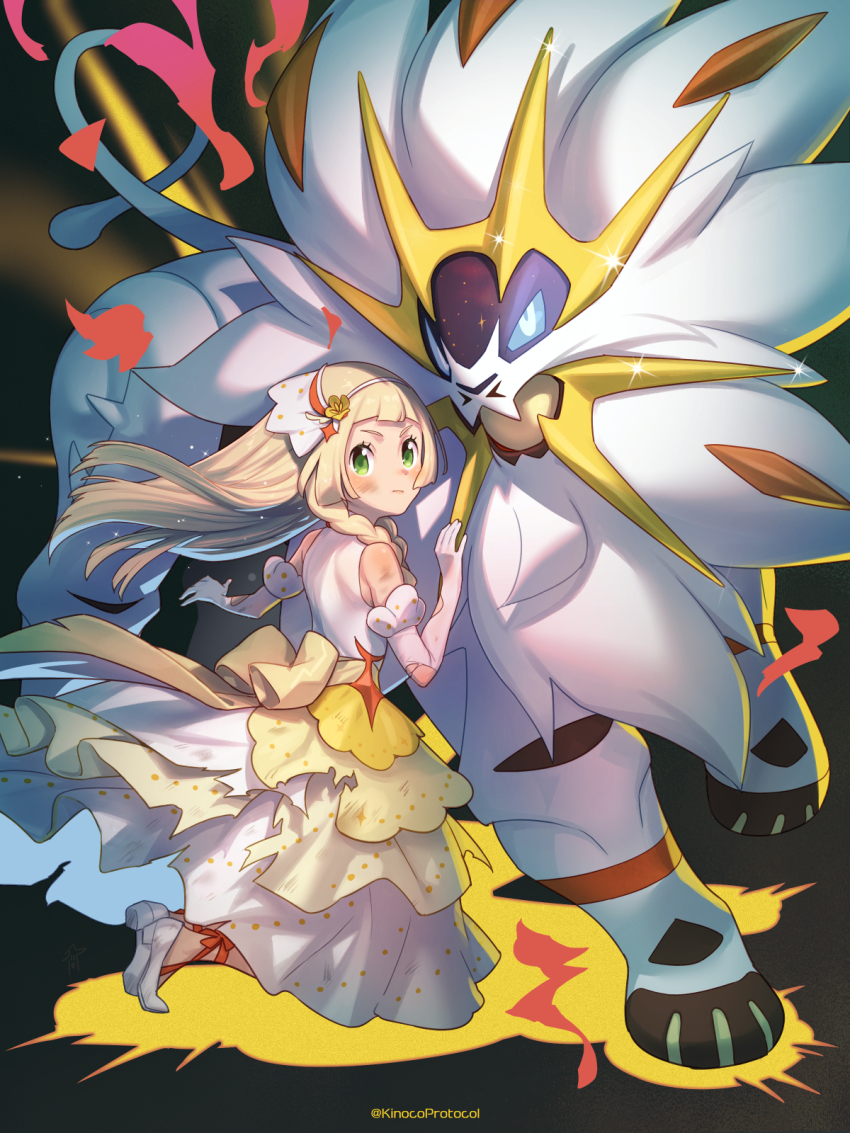 1girl blonde_hair gen_7_pokemon green_eyes highres kinocopro legendary_pokemon lillie_(anniversary_2024)_(pokemon) lillie_(pokemon) nintendo official_alternate_costume pokemon pokemon_(creature) pokemon_masters_ex solgaleo