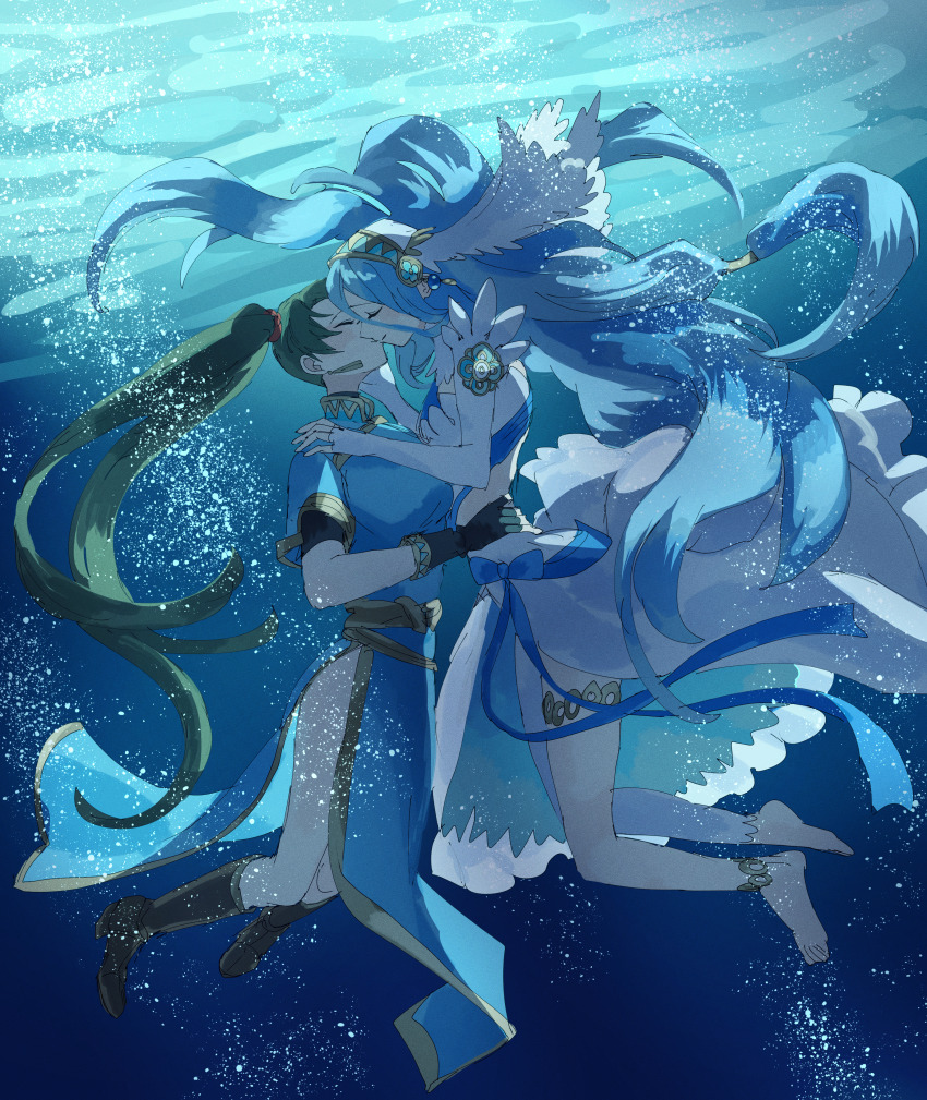 2girls absurdres anklet arms_around_waist azura_(fire_emblem) barefoot black_gloves black_undershirt blue_dress blue_sash boots brown_boots closed_eyes commission commissioner_upload dress earrings feet fingerless_gloves fire_emblem fire_emblem:_the_blazing_blade fire_emblem_fates fire_emblem_heroes fusenryo gloves gold_anklet green_hair hands_on_another&#039;s_cheeks hands_on_another&#039;s_face hands_on_another&#039;s_shoulders headdress highres hug jewelry kiss long_hair lyn_(fire_emblem) multiple_girls nintendo sash skeb_commission undershirt underwater very_long_hair water white_dress white_headdress yuri