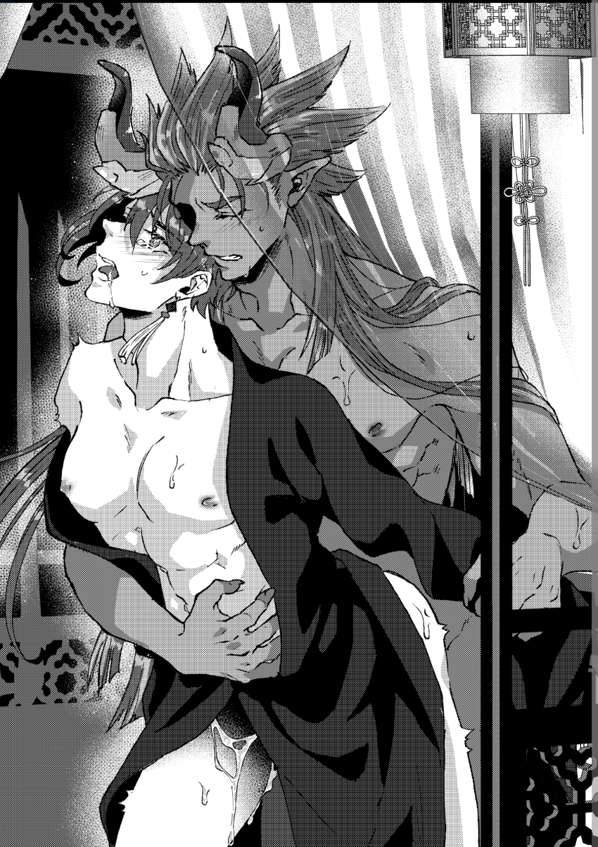 2boys alternate_costume anal architecture azhdaha_(genshin_impact) blush chinese_lantern cum cum_on_body cum_on_legs dragon_horns drooling earrings east_asian_architecture genshin_impact greyscale hand_on_another&#039;s_stomach highres holding_another&#039;s_arm horns indoors jewelry monochrome multiple_boys nipples pointy_ears robe saliva sex sex_from_behind single_earring standing standing_sex tearing_up tears u3053u307eu3061 white_background yaoi zhongli_(genshin_impact)