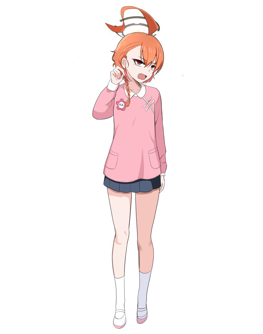 1girl ahoge alternate_costume blue_archive blue_skirt braid fang halo hand_in_own_hair huge_ahoge kindergarten_uniform neru_(blue_archive) open_mouth orange_hair pink_shirt red_eyes shirt shoes short_hair side_braid skirt sleepnya socks solo standing white_background white_shoes