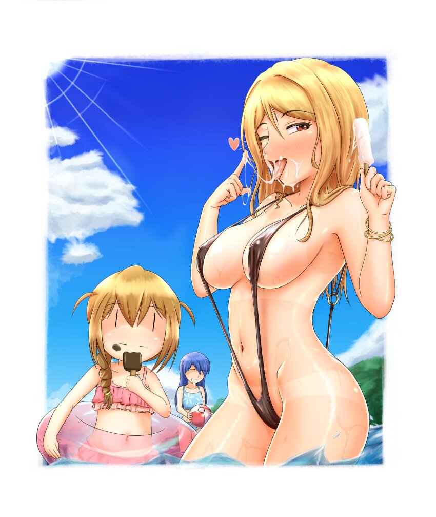 3girls absurdres baba_konomi ball beachball bikini blonde_hair blue_bikini blue_hair blush border bracelet braid breasts brown_hair closed_mouth cloud collarbone covered_erect_nipples cowboy_shot flat_chest food frilled_bikini frills hair_over_shoulder hands_up heart height_difference highres ice_cream ice_cream_bar idolmaster idolmaster_(classic) idolmaster_million_live! innertube jewelry kisaragi_chihaya large_breasts long_hair looking_at_viewer momose_rio multiple_girls navel nii_niip no_eyes one_eye_closed open_mouth outdoors pink_bikini side_ahoge single_braid slingshot_swimsuit standing stomach suggestive_fluid sun sunlight swim_ring swimsuit tan tanline tongue tongue_out water white_border |_|