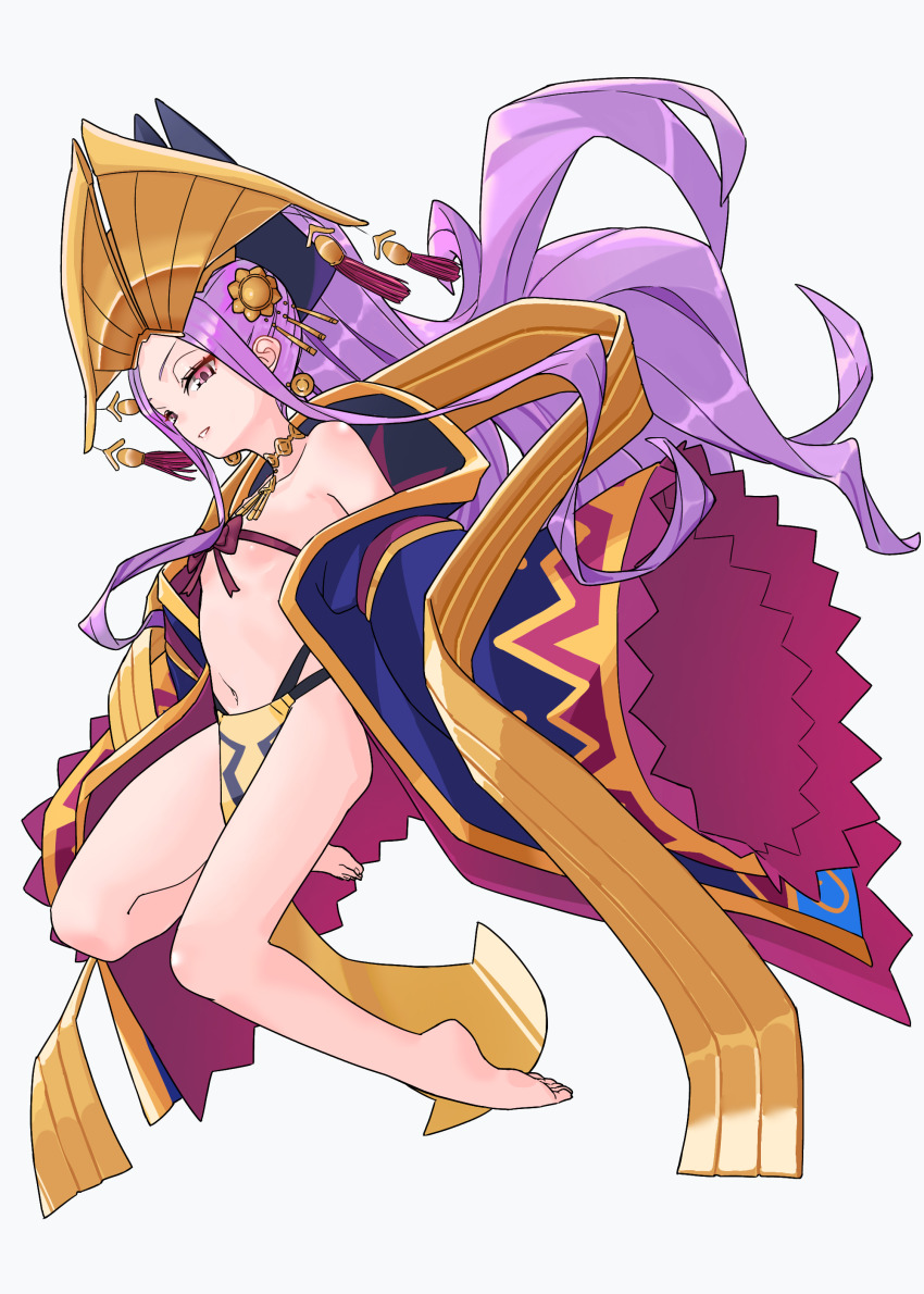 1girl absurdres bare_shoulders barefoot breasts chinese_clothes collarbone facial_mark fate/grand_order fate_(series) forehead forehead_mark full_body gloves hanfu headpiece highres long_hair long_sleeves looking_at_viewer navel niwaikanai parted_bangs parted_lips pelvic_curtain ponytail purple_eyes purple_gloves purple_hair shawl sidelocks small_breasts solo very_long_hair wide_sleeves wu_zetian_(fate)