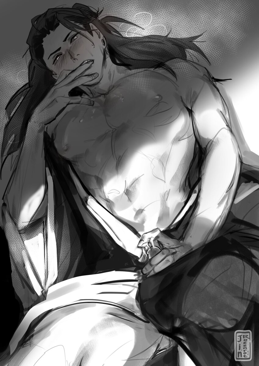 abs absurdres bare_pectorals black_hair blush cum ear_piercing getou_suguru greyscale hand_to_own_mouth highres japanese_clothes jinrozenrot jujutsu_kaisen large_pectorals long_hair male_focus masturbation monochrome muscular muscular_male pectorals penis penis_peek piercing sketch sweat yaoi