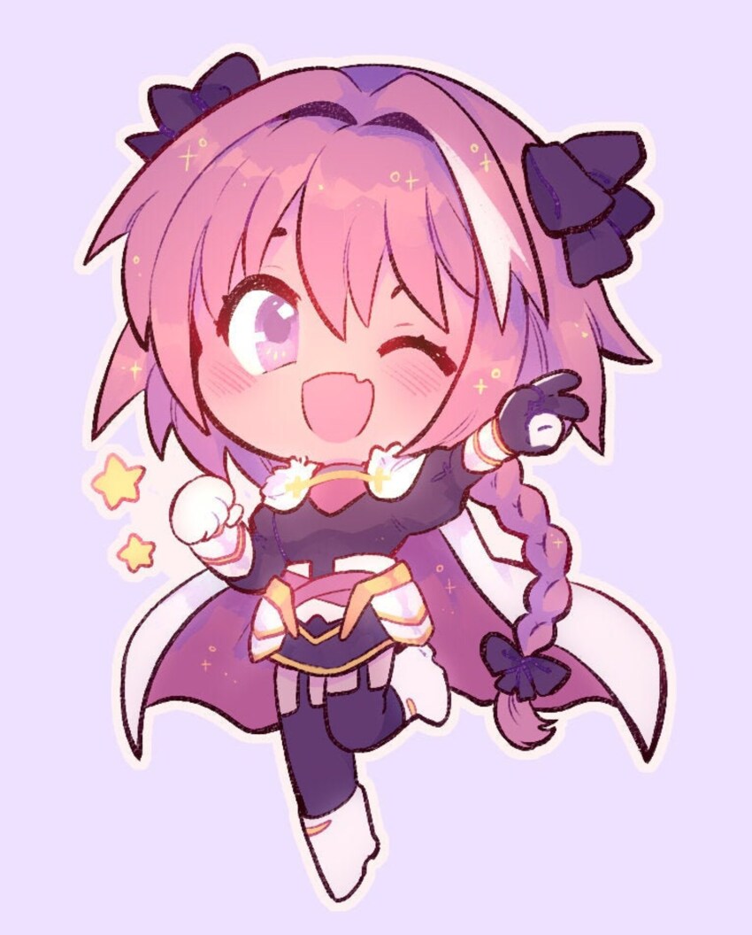 1boy armored_skirt artist_request astolfo_(fate) black_bow black_garter_straps black_sweater black_thighhighs blush bow braid cape chibi eyelashes fang fate/apocrypha fate_(series) full_body fur-trimmed_cape fur_trim garter_straps gauntlets gorget hair_bow hair_intakes highres leg_up long_hair male_focus multicolored_hair one_eye_closed open_mouth pink_hair purple_background purple_eyes simple_background single_braid skin_fang smile solo sparkle sparkling_eyes star_(symbol) streaked_hair sweater thighhighs trap two-sided_cape two-sided_fabric two-tone_hair v very_long_hair white_cape white_hair zettai_ryouiki