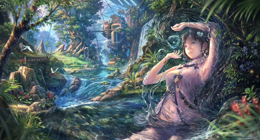 1girl absurdly_detailed_composition arch arm_up armpits bird blue_eyes blue_sky bracelet bridge brown_hair building cloud complex_exterior cowboy_shot dappled_sunlight day dome earrings expressionless fantasy fern flower gable_roof gazebo gears grass hair_flower hair_ornament highres hydrokinesis jewelry light_rays navel original outdoors partially_submerged plant red_flower river rock scenery short_braid sky sleeveless solo soraizumi sunlight tree treehouse water waterfall