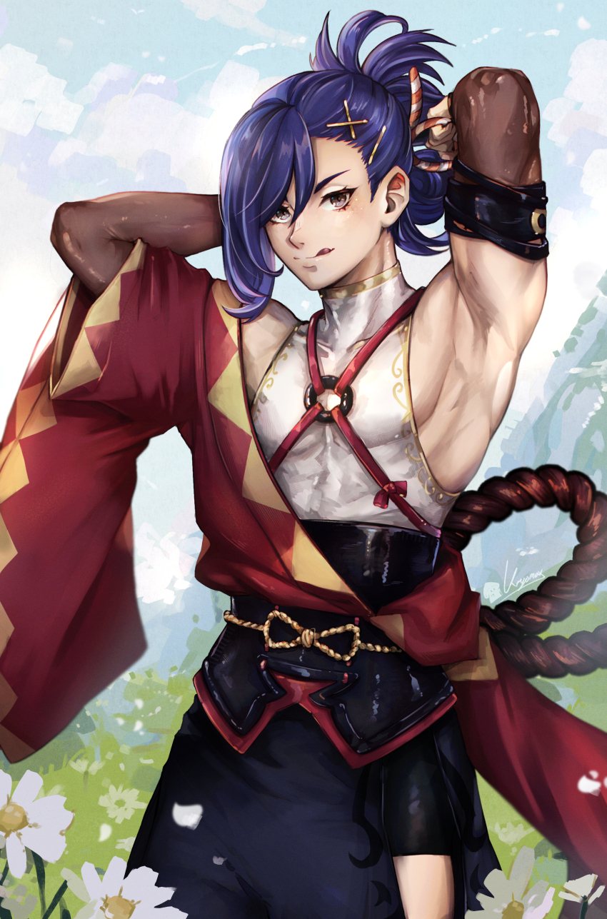 1boy absurdres bare_shoulders blue_hair fire_emblem fire_emblem_engage folded_ponytail highres japanese_clothes kagetsu_(fire_emblem) long_hair looking_at_viewer male_focus max_art149 nintendo smile solo yellow_eyes