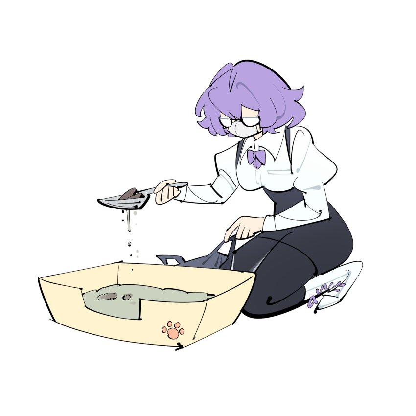 black_overalls black_pantyhose boots digimon digimon_world_re:digitize full_body glasses highres kneeling litter_box mask medium_hair mikagura_mirei mouth_mask overall_skirt overalls pantyhose purple_hair shirt simple_background white_background white_boots white_shirt zocehuy