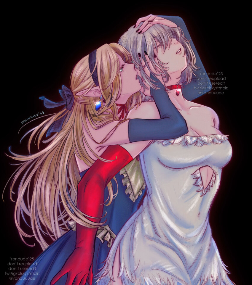 2girls absurdres black_background black_nails blonde_hair blue_dress blue_eyes blue_gloves breasts choker cleavage closed_eyes commentary dress dungeon_meshi earrings elbow_gloves elf english_commentary falin_touden falin_touden_(tallman) gloves grey_hair hand_on_another&#039;s_face hand_on_another&#039;s_head highres ironduuude jewelry long_hair marcille_donato medium_breasts multiple_girls parted_lips pointy_ears red_choker red_gloves short_hair simple_background watermark white_dress yuri