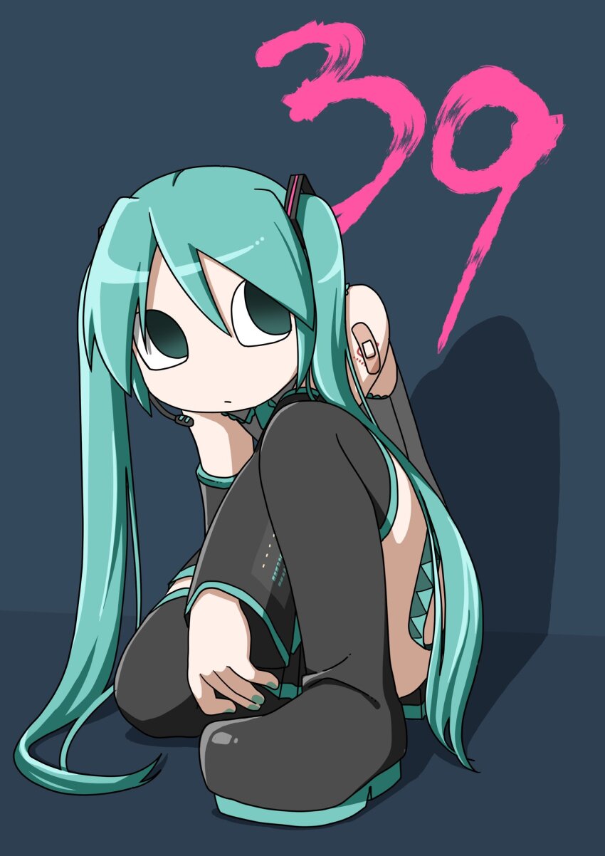 1girl 39 bandaid bandaid_on_arm bandaid_on_shoulder blue_background blue_eyes blue_hair boots commentary detached_sleeves empty_eyes explosion_psycho full_body gradient_eyes hair_ornament hatsune_miku headset highres long_hair long_sleeves looking_to_the_side miku_day multicolored_eyes nail_polish on_one_knee shadow shirt skirt sleeveless sleeveless_shirt solo thigh_boots twintails vocaloid
