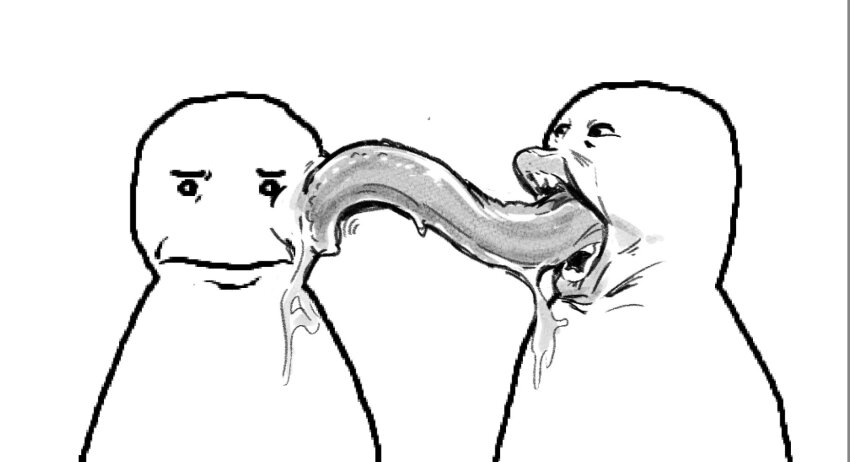 2others artist_collaboration closed_eyes fallenchungus greyscale highres izzzybopz jaggy_lines licking licking_another&#039;s_cheek licking_another&#039;s_face long_tongue looking_at_another looking_at_viewer meme monochrome multiple_others oekaki open_mouth original saliva simple_background sketch tongue upper_body very_long_tongue what white_background