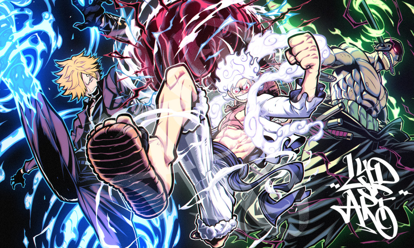 3boys aura bandana black_gloves black_shirt black_skin blonde_hair blue_fire collared_shirt colored_skin commentary curly_eyebrows english_commentary fire flaming_leg full_body gear_fifth gloves glowing glowing_eyes green_fire hair_over_one_eye haki_(one_piece) highres holding holding_sword holding_weapon ifrit_jambe jacket katana lydart_mclo male_focus monkey_d._luffy mouth_hold multicolored_skin multiple_boys muscular muscular_male one_piece pants partially_shaded_face purple_jacket purple_pants red_eyes roronoa_zoro sandals sanji_(one_piece) scar scar_on_chest shirt shorts signature sword topless_male triple_wielding two-tone_skin weapon white_hair white_jacket white_shorts