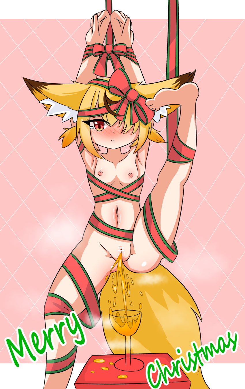 1girl absurdres animal_ears bar_censor barefoot bdsm blonde_hair blush bondage bound bound_wrists censored christmas collarbone cup drinking_glass embarrassed fish_neko flat_chest fox_ears fox_girl fox_tail hair_over_one_eye highres looking_at_viewer merry_christmas navel nipples nude orange_eyes original peeing peeing_in_cup pink_background pussy red_ribbon ribbon short_hair simple_background standing standing_on_one_leg steam tail tears