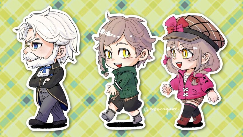 1girl 2boys blonde_hair clanne_(fire_emblem) fire_emblem fire_emblem_engage framme_(fire_emblem) green_jacket hat jacket mature_male momongame_17 multiple_boys nintendo pink_jacket plaid_hat vander_(fire_emblem) white_hair yellow_eyes