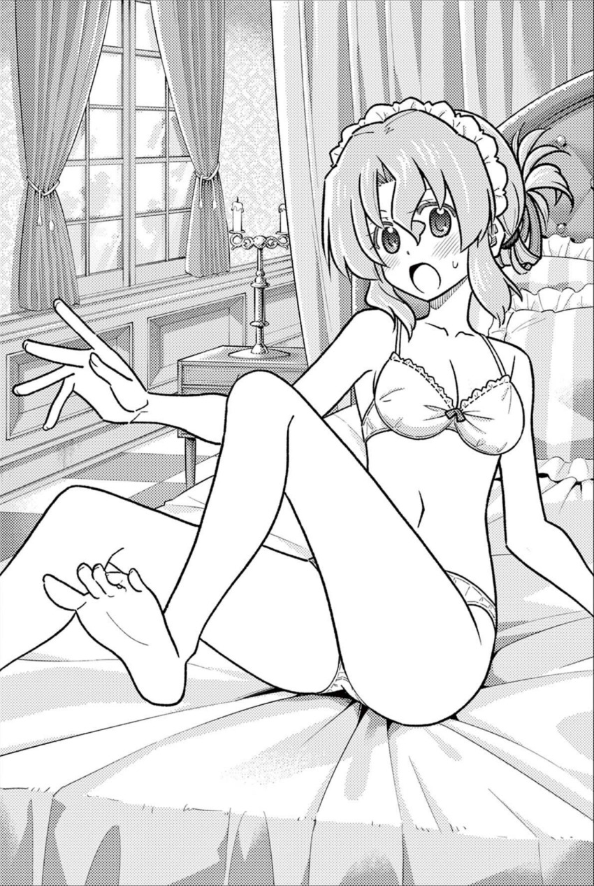 1girl bare_shoulders bed bedroom blush bra breasts cleavage feet folded_ponytail hata_kenjirou hayate_no_gotoku! highres indoors legs long_hair maid maid_headdress maria_(hayate_no_gotoku!) medium_breasts monochrome navel on_bed panties sitting solo stomach thighs underwear window