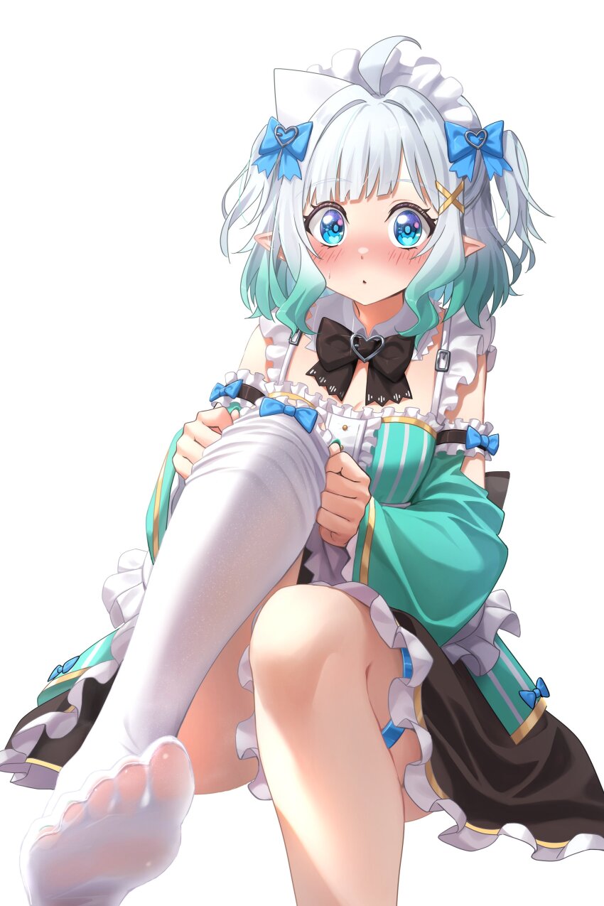 1girl :o absurdres apron aqua_dress aqua_sleeves backless_dress backless_outfit black_bow black_skirt blue_eyes blush bow center_frills commentary detached_sleeves dress embarrassed feet foot_out_of_frame foreshortening frilled_dress frilled_thighhighs frills ghostenjoyerguy7007 gradient_hair green_hair grey_hair hair_ornament hairclip highres indie_virtual_youtuber invisible_chair knee_up large_bow looking_at_viewer maid maid_headdress miniskirt mint_fantome mint_fantome_(minto_2.0) multicolored_hair no_shoes parted_lips pointy_ears presenting_foot removing_thighhigh see-through_clothes see-through_thighhighs short_hair simple_background single_thighhigh sitting skirt skirt_under_dress sleeveless sleeveless_dress soles solo striped_clothes striped_dress symbol-only_commentary thighhighs toes triangular_headpiece two_side_up vertical-striped_clothes vertical-striped_dress virtual_youtuber waist_apron wavy_hair white_apron white_background white_thighhighs x_hair_ornament
