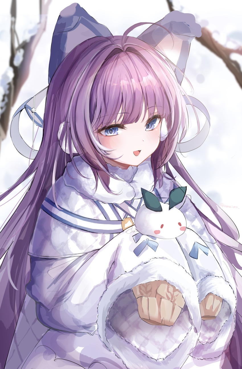 1girl absurdres ahoge alternate_costume animal_ears azur_lane blue_eyes blurry blurry_background boots branch coat commentary dress duffel_coat earmuffs fake_animal_ears fur-trimmed_coat fur_trim highres long_hair long_sleeves looking_at_viewer open_mouth purple_hair sleeves_past_fingers sleeves_past_wrists snow solo suimo_(suimodayo) sweater sweater_dress symbol-only_commentary tashkent_(azur_lane) thighhighs very_long_hair white_boots white_coat wide_sleeves winter winter_clothes zettai_ryouiki