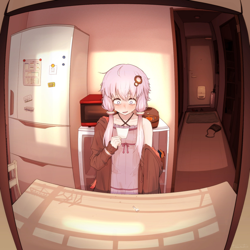 1girl bag blush commentary_request constricted_pupils criss-cross_halter door drawstring dress from_outside hair_ornament halterneck handbag highres holding holding_paper hood hooded_jacket indoors jacket key kitchen microwave nervous_sweating paper purple_dress purple_hair reading refrigerator rice_cooker single_bare_shoulder solo sweat tearing_up tears tororo_mochimochi voiceroid wide-eyed window yuzuki_yukari