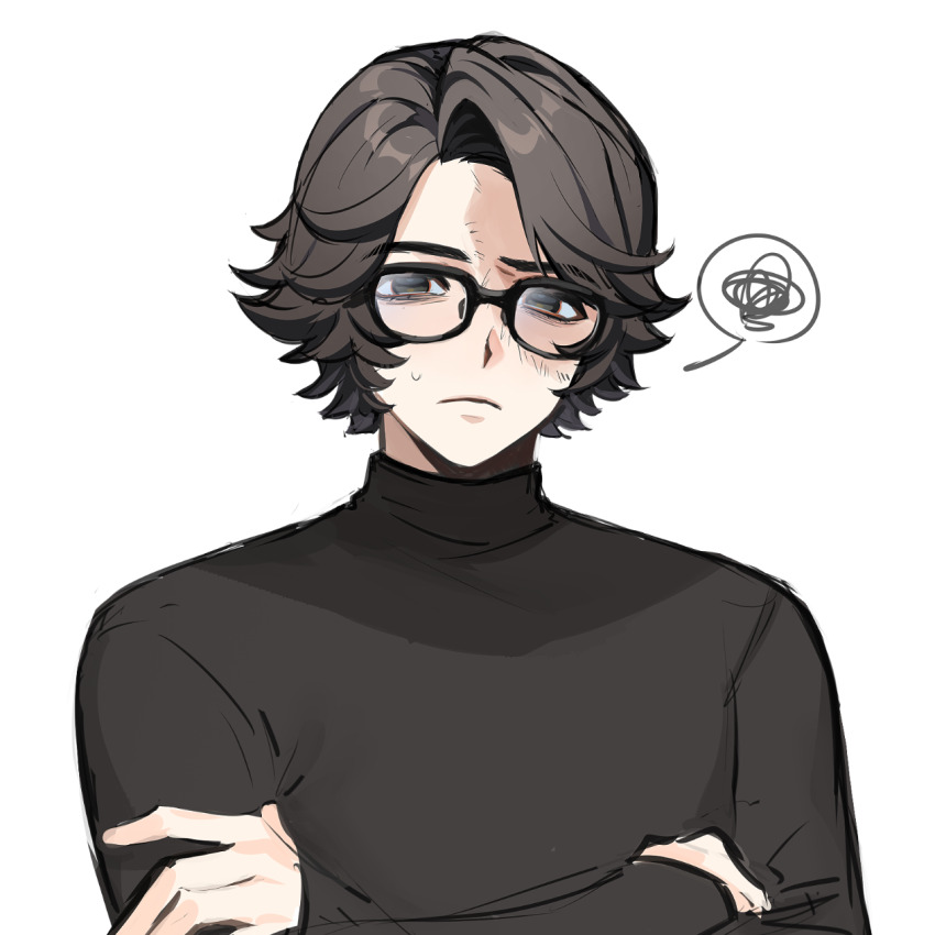1boy black-framed_eyewear black_eyes black_hair black_sweater burn_scar chinese_commentary closed_mouth commentary_request crossed_arms frown glasses highres identity_v long_sleeves male_focus mingguchuanjiuchong norton_campbell scar scar_on_face short_hair simple_background solo spoken_squiggle squiggle sweat sweater turtleneck turtleneck_sweater upper_body white_background