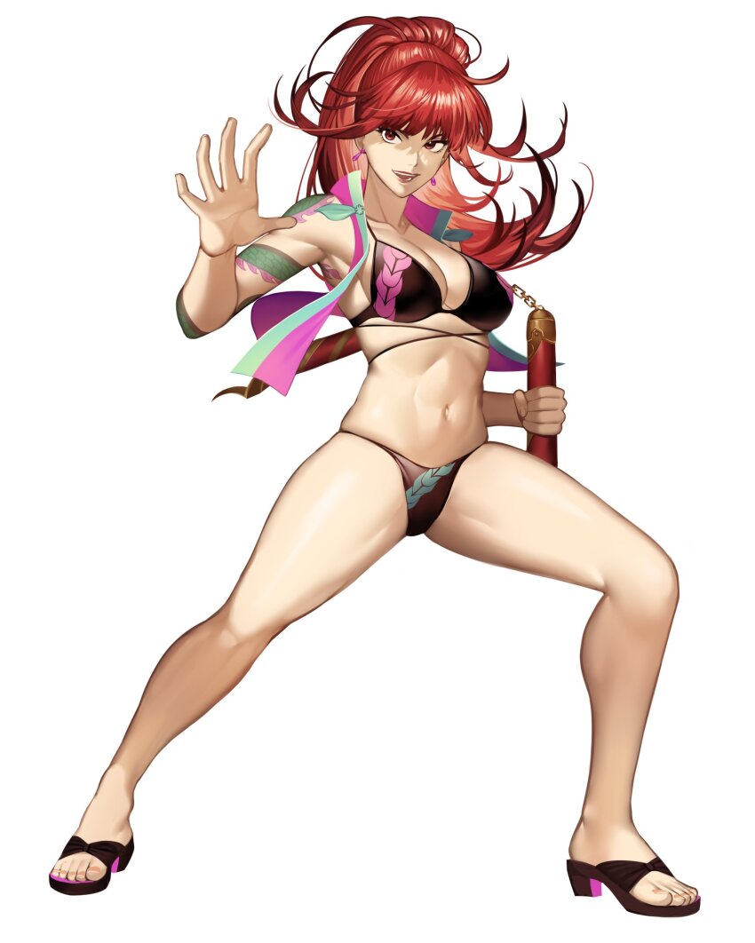 1girl arm_tattoo bikini black_bikini black_sandals breasts cleavage colored_shoe_interior colored_shoe_soles commentary commission dragon_tattoo earrings english_commentary fighting_stance fingernails full_body hair_pulled_back hanny_(uirusu_chan) highres holding holding_nunchaku holding_weapon jewelry killer_instinct kim_wu long_hair medium_breasts messy_hair navel nunchaku pink_vest ponytail print_bikini red_eyes red_hair sandals solo swimsuit tattoo thick_thighs thighs toenails toes toned vest weapon white_background