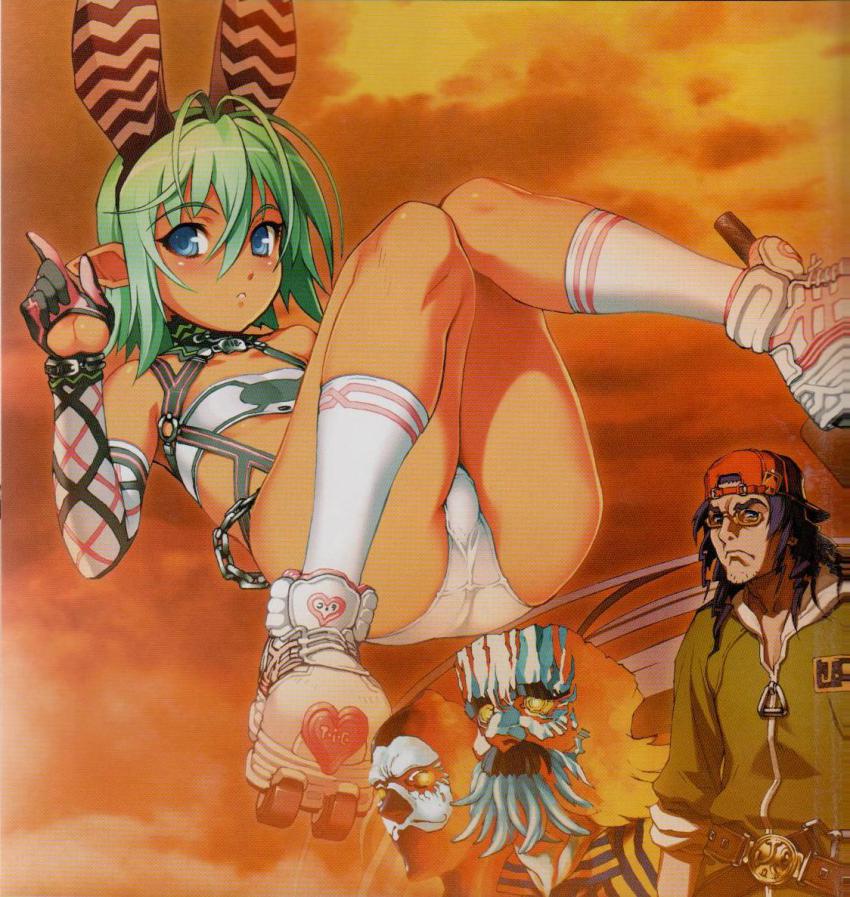 1boy 1girl alfie animal_ears bare_shoulders blue_eyes choker elbow_gloves elf facial_hair fringe_trim glasses gloves glowing glowing_eyes green_hair hat index_finger_raised legs multiple_boys mustache nishii_(damnedrive) nitroplus panties pointy_ears rabbit_ears roller_skates scan scan_artifacts short_hair skates sky socks sunset underwear white_panties yellow_eyes zoku_satsuriku_no_django