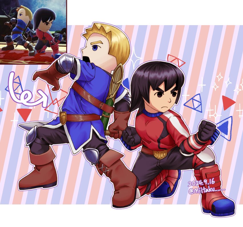 1boy 2boys armor belt black_eyes black_hair black_pants blonde_hair blue_eyes boots brown_footwear brown_gloves chibi dated fighting_stance fingerless_gloves frown full_body gloves highres holding male_focus mii_(nintendo) mii_brawler mii_swordfighter miitaku multiple_boys nintendo on_one_knee open_mouth pants photo-referenced short_hair super_smash_bros. sword weapon