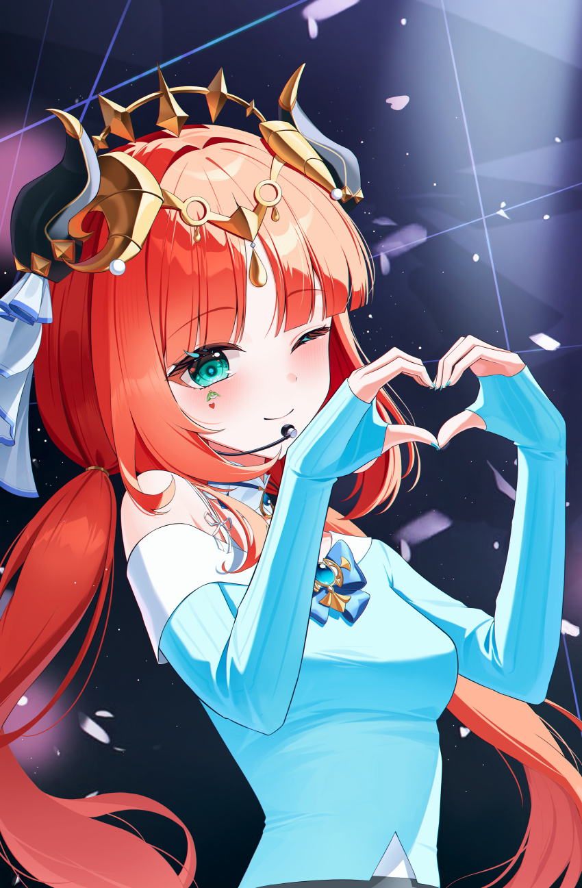 1girl ;) absurdres alternate_costume aqua_eyes aranara_(genshin_impact) blue_bow blue_gemstone blue_nails blue_shirt blush bow breasts circlet closed_mouth commentary facial_mark fake_horns fingernails gem genshin_impact heart heart_facial_mark heart_hands highres horns long_hair long_sleeves looking_at_viewer medium_breasts microphone nail_polish nilou_(genshin_impact) one_eye_closed parted_bangs red_hair shirt single_bare_shoulder single_off_shoulder smile solo tiokun7 upper_body veil very_long_hair vest white_veil white_vest