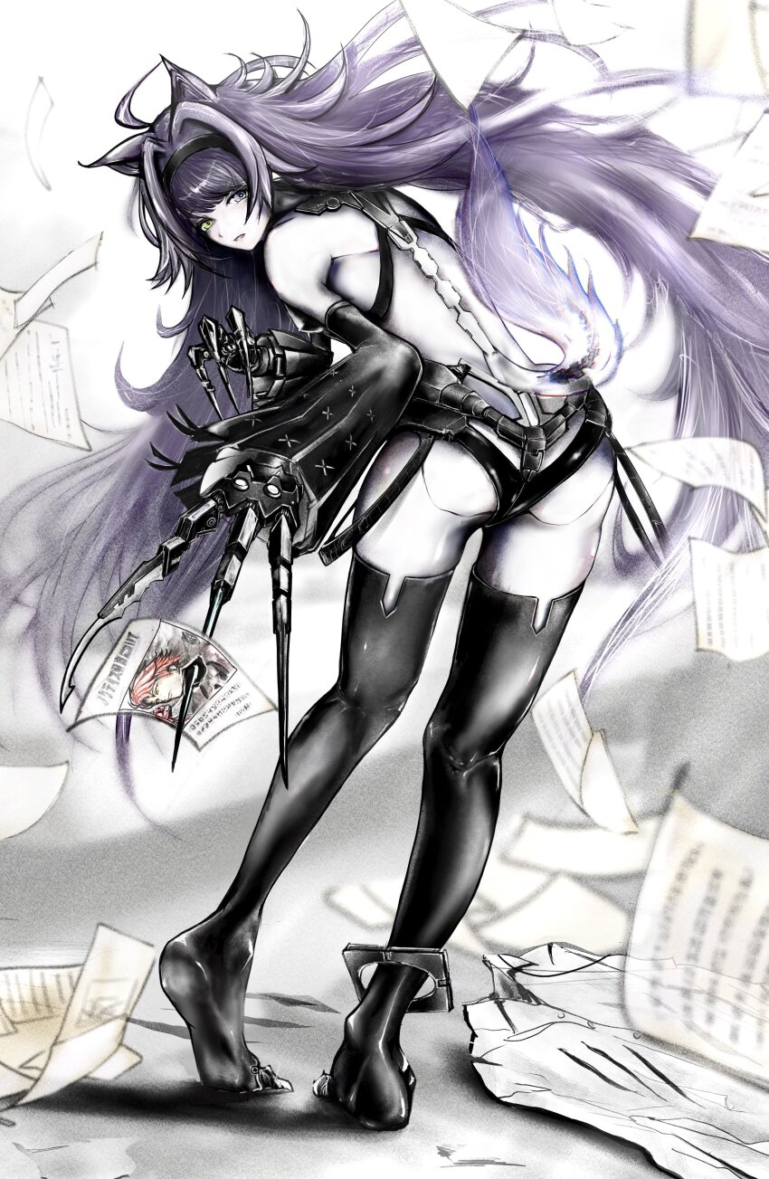 1girl absurdres ahoge animal_ears backless_outfit black_hairband black_thighhighs claws detached_sleeves grey_eyes grey_hair hair_intakes hairband highres long_hair looking_at_viewer looking_back mechabare mechanical_ears mechanical_hands mechanical_tail mu_mi no._21:_feral_scent_(pgr) no._21_(pgr) noctis_(pgr) punishing:_gray_raven sleeves_past_wrists solo tail thighhighs very_long_hair wolf_ears wolf_tail
