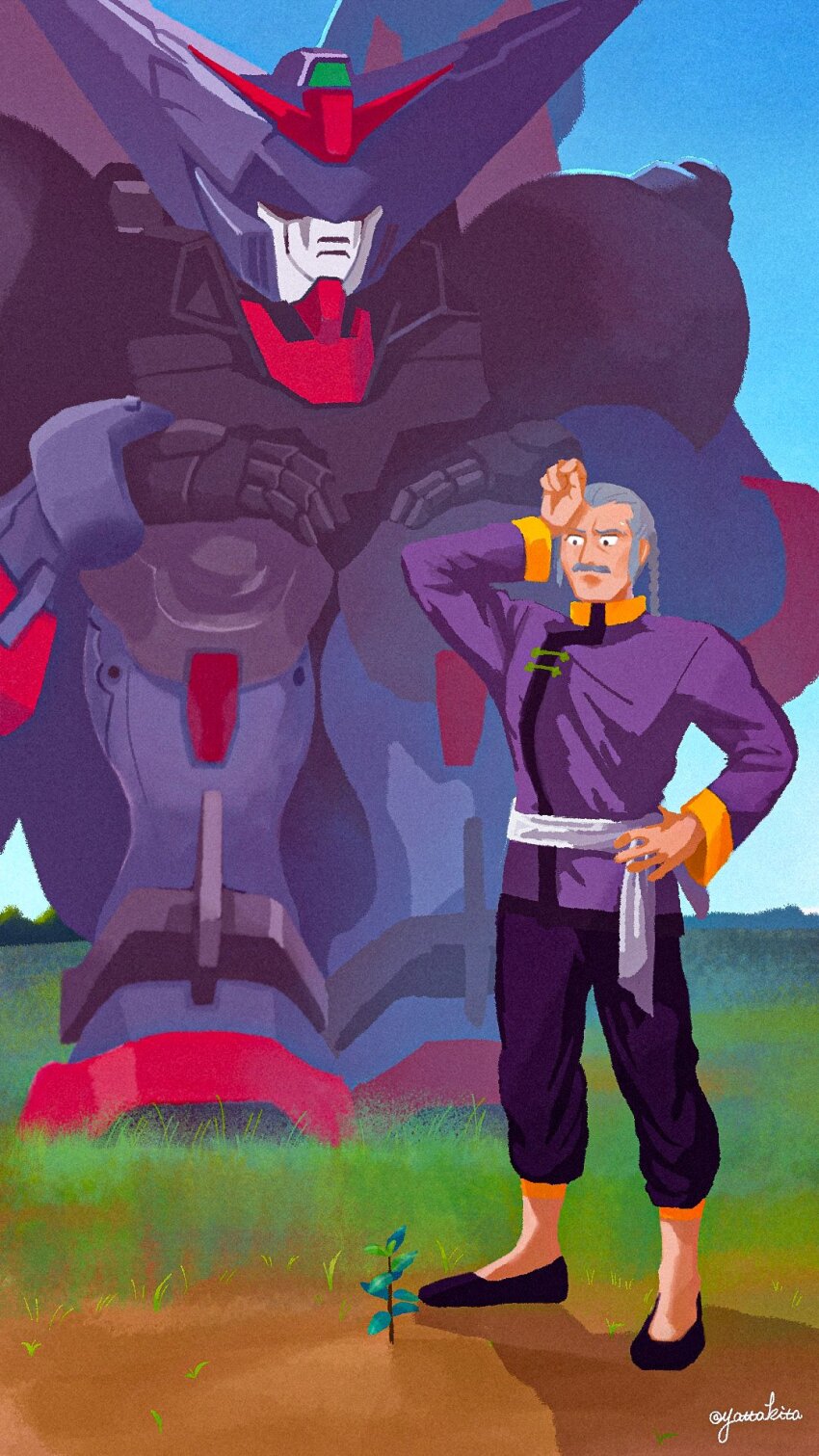 1boy black_eyes black_pants black_shoes braid braided_ponytail chinese_clothes commentary_request day facial_hair g_gundam grass grey_hair gundam hand_on_own_hip highres long_sleeves looking_down male_focus master_asia master_gundam mecha mustache outdoors pants robot sapling sash science_fiction shoes small_sweatdrop squatting standing super_robot tangzhuang twitter_username v-fin white_sash wiping_sweat yatta_kita