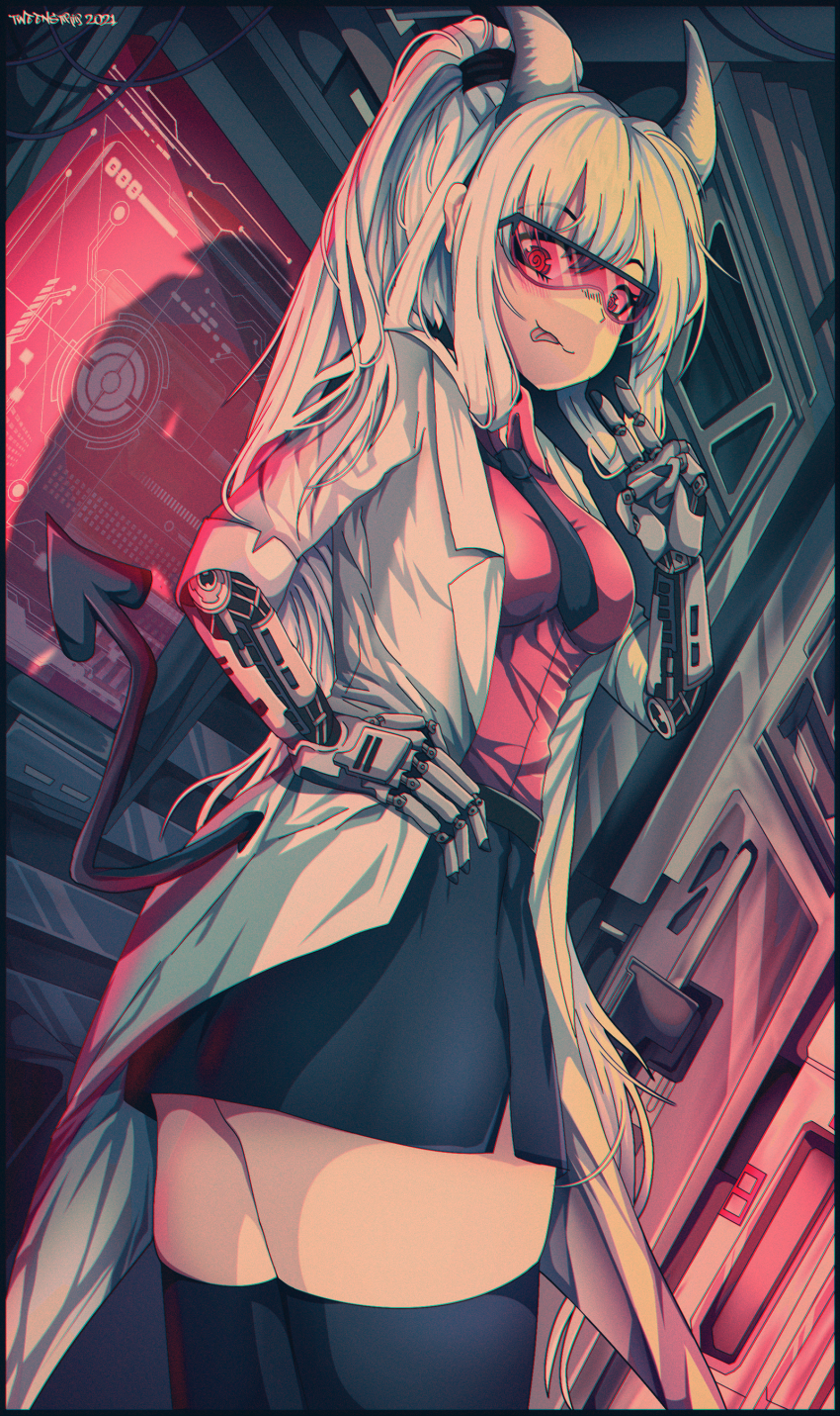 1girl absurdres azazel_(helltaker) black_necktie black_skirt black_tail black_thighhighs breasts clothes_lift coat cybernetic_limb cybernetics cyborg eyebrows gesture glasses hand_on_own_hip helltaker highres horns jacket long_hair looking_at_viewer machine mechanical_arms necktie prosthesis prosthesis prosthetic_arm red_eyes red_goggles red_shirt robe shirt skirt skirt_lift smile solo spade_tail standing tail thighhighs tongue tongue_out translucent translucent_hair tweenstrip white_coat white_hair white_jacket