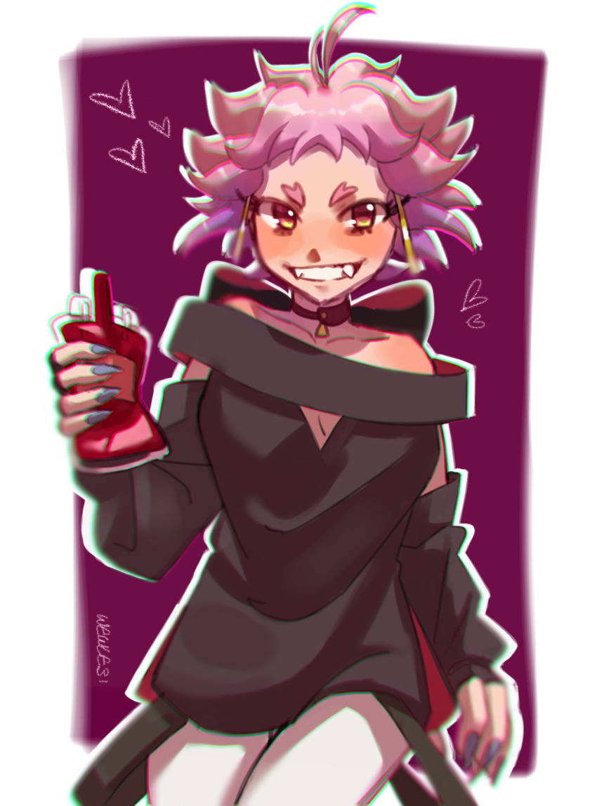 ahoge artist_name black_shirt blood blood_bag blurry blush breasts choker cleavage detached_sleeves fangs grey_nails heart highres live_(mayonaka_punch) looking_at_viewer mayonaka_punch medium_hair pink_hair shirt spiked_hair standing vampire weewle31 yellow_eyes