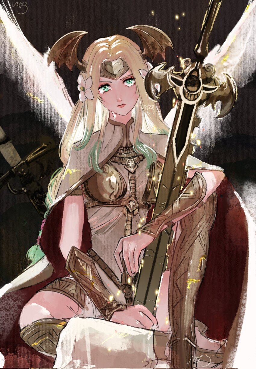 1girl arm_guards braid fire_emblem fire_emblem:_three_houses flower green_hair hair_flower hair_ornament hair_ribbon highres long_hair looking_at_viewer low-braided_long_hair low-tied_long_hair multicolored_hair nintendo ribbon_braid seiros_(fire_emblem) shield shiro_zakuro solo sword_of_the_creator two-tone_hair winged_hair_ornament wristwear