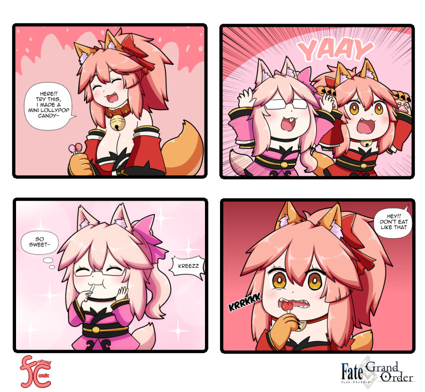 3girls 4koma animal_ear_fluff animal_ears animal_hands bare_shoulders bell blush bow breasts candy cat_paws cleavage closed_eyes collar comic detached_sleeves english_text fang fate/grand_order fate_(series) food food_in_mouth fox_ears fox_girl fox_tail glasses gloves highres holding holding_candy holding_food holding_lollipop japanese_clothes jingle_bell keita_naruzawa kimono koyanskaya_(fate) large_breasts lollipop mini_person minigirl multiple_girls neck_bell open_mouth paw_gloves pink_bow pink_hair pink_kimono pink_ribbon ponytail red_ribbon ribbon side_ponytail speech_bubble square_4koma tail tamamo_(fate) tamamo_cat_(fate) tamamo_cat_(first_ascension)_(fate) yellow_eyes