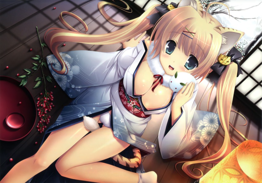1girl :d animal_ears between_legs blonde_hair blue_eyes breasts cat_hair_ornament cleavage comic_toranoana dutch_angle female_focus hair_ornament highres ikegami_akane japanese_clothes kimono large_breasts long_hair open_mouth panties sliding_doors smile snow_rabbit solo tail tail_between_legs tiger_ears tiger_tail twintails underwear very_long_hair white_panties wooden_floor