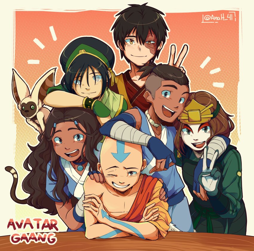 3boys 3girls aang absurdres anah_41 artist_name avatar:_the_last_airbender avatar_legends bald blind blue_eyes child commentary dark-skinned_female dark_skin english_commentary english_text green_eyes highres katara long_hair looking_at_viewer male_focus momo_(avatar) multiple_boys multiple_girls open_mouth scar simple_background smile sokka suki_(avatar) toph_beifong v yellow_eyes zuko
