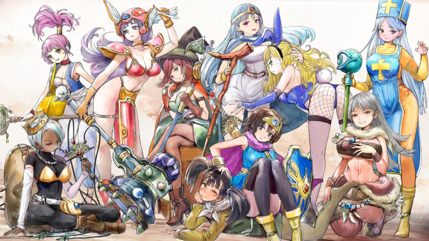 6+girls armor ass bent_over bikini_armor cape crown dragon_quest dragon_quest_iii martial_artist_(dq3) fishnet_pantyhose fishnets habit hammer hat heroine_(dq3) highres holding holding_hammer hug gadabout_(dq3) leotard looking_at_viewer mage_(dq3) mage_staff merchant_(dq3) monster_wrangler_(dq3) multiple_girls pantyhose playboy_bunny priest_(dq3) sage_(dq3) sitting sitting_on_person smile warrior_(dq3) sword thief_(dq3) tiara vest weapon whip witch_hat zi-dabu