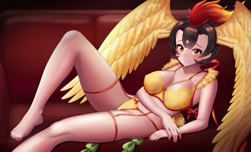 1girl absurdres bare_shoulders barefoot bird_girl bird_tail bird_wings black_hair blush bra breasts embarrassed feet fiery_hair foot_out_of_frame garter_straps head_wings hi_no_tori_(kemono_friends) highres kemono_friends kemono_friends_3 knee_up lace lace_bra lace_panties large_breasts legs looking_at_viewer lying nail_polish navel neukkom panties reclining sitting solo tail thigh_strap thighs toenail_polish toenails toes underwear wings yellow_bra