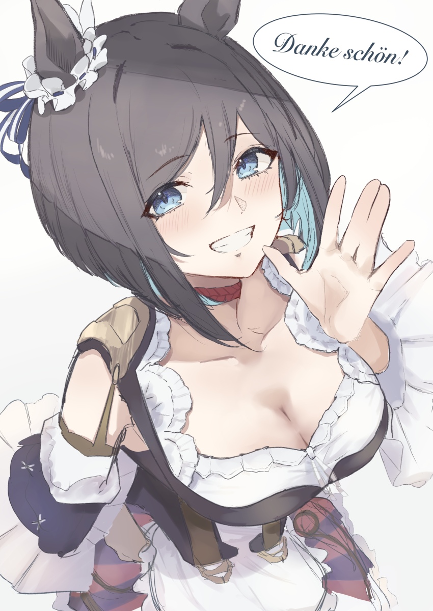 1girl absurdres animal_ears black_hair blue_eyes bob_cut breasts choker cleavage commentary dirndl ear_scrunchie eishin_flash_(umamusume) german_clothes german_text hair_between_eyes highres horse_ears horse_girl large_breasts long_sleeves looking_at_viewer ponimeri red_choker scrunchie short_hair simple_background smile solo swept_bangs umamusume white_background white_scrunchie