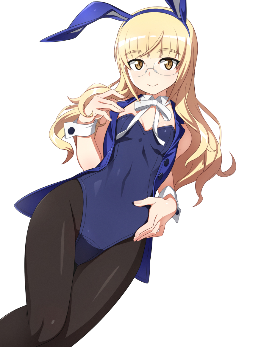 1girl animal_ear_hairband animal_ears black_pantyhose blonde_hair blue_leotard brown_eyes commentary fake_animal_ears glasses hairband highres leotard long_hair looking_at_viewer nanashino nontraditional_playboy_bunny official_alternate_costume pantyhose perrine_h._clostermann rabbit_ear_hairband rabbit_ears simple_background solo white_background world_witches_series wrist_cuffs