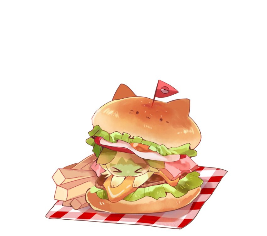 &gt;_&lt; animal_focus bacon cheese egg_(food) food food_focus french_fries highres in_food lettuce meat nintendo no_humans poke_ball_symbol pokemon pokemon_(creature) simple_background sprigatito tomato white_background yupo_0322
