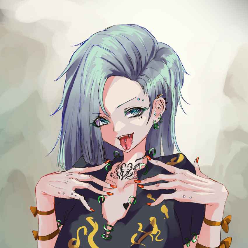 1girl arm_ribbon asymmetrical_hair barbell_piercing black_shirt blue_eyes brown_ribbon chest_tattoo ear_piercing earrings face_piercing fangs fingernails forehead_piercing forked_tongue grey_hair hand_piecing heart heart_tattoo highres himemushi_momoyo jewelry long_fingernails long_hair looking_at_viewer mark_under_eye nail_polish neck_tattoo piercing punk ribbon shirt short_sleeves solo stud_earrings tattoo teruteru12 tongue tongue_out tongue_piercing touhou upper_body