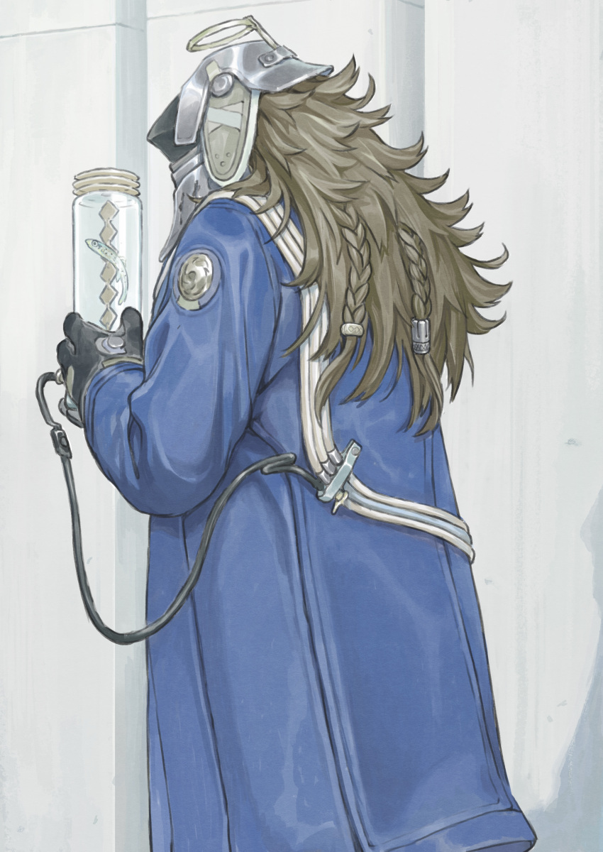 1boy absurdres black_gloves blue_coat braid brown_hair chenrong96 coat fake_halo fish from_behind gloves halo helmet highres holding long_hair long_sleeves male_focus original solo standing
