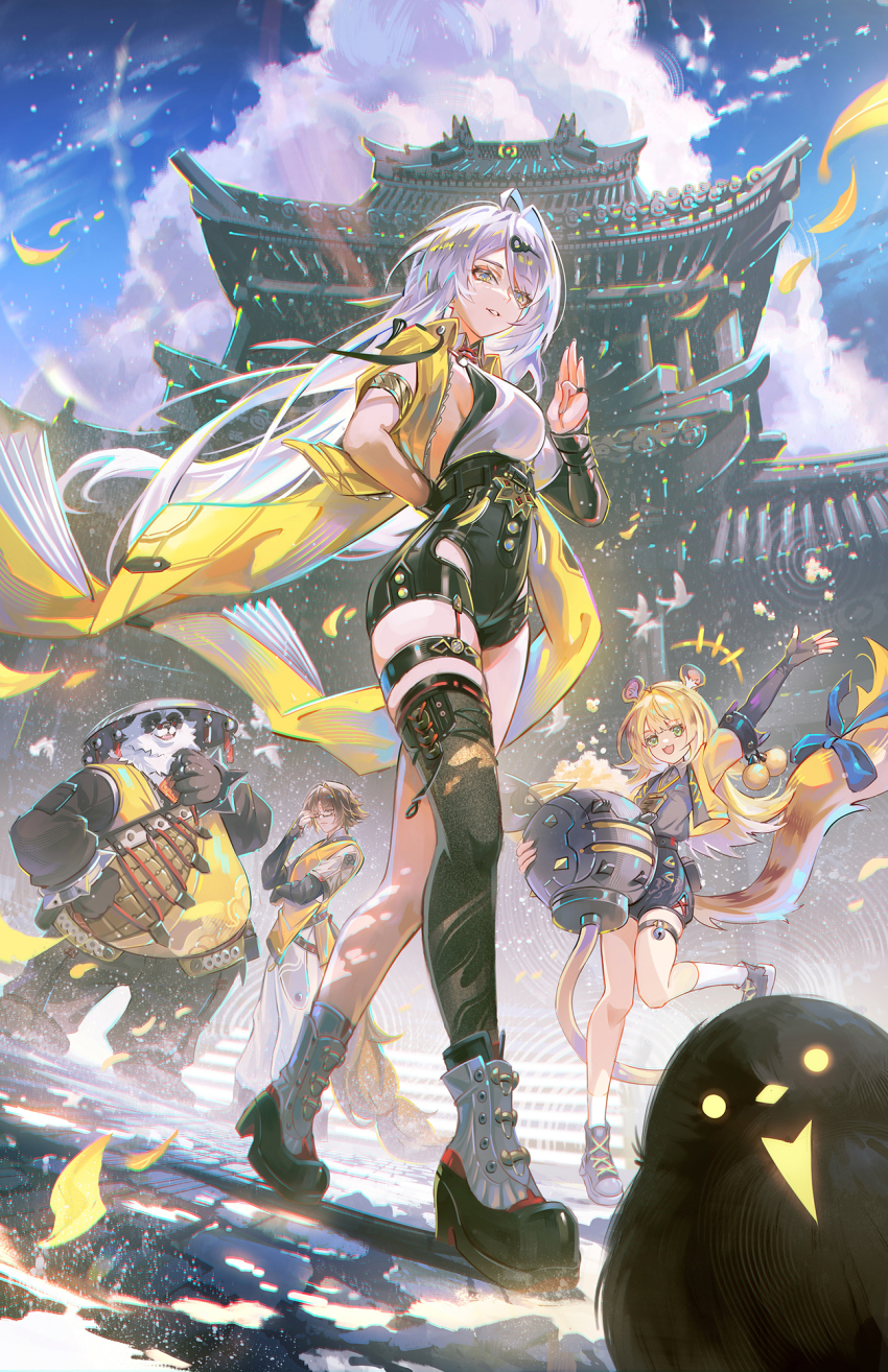 +++ 2boys 2girls ahoge architecture arm_behind_back armlet bird black_bird black_shorts black_thighhighs blue_sky boots breasts brown_hair chromatic_aberration commentary day east_asian_architecture english_commentary fingernails green_eyes grey_shirt hair_ornament hand_up high-waist_shorts highres holding jacket jessica_wijaya jewelry ju_fufu large_breasts looking_at_viewer multiple_boys multiple_girls outdoors pan_yinhu panda_boy parted_lips shirt shorts single_hair_intake single_thighhigh sky smile thighhighs thighs white_boots white_shirt ye_shiyuan yellow_jacket yellow_leaves yixuan_(zenless_zone_zero) zenless_zone_zero