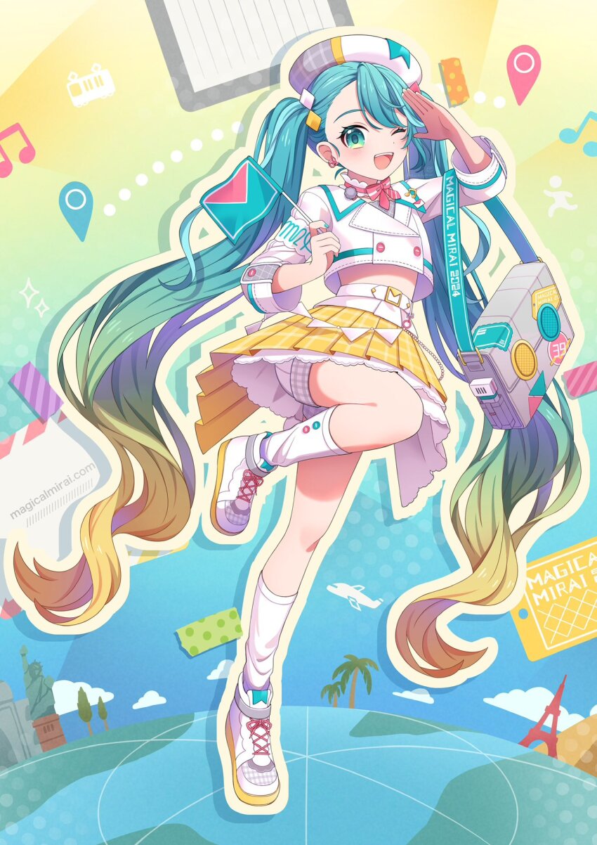 1girl 39 aqua_eyes aqua_hair aqua_nails bag beret blonde_hair blush diamond_hair_ornament eiffel_tower flag gradient_hair hair_between_eyes hair_ornament hat hatsune_miku highres holding holding_flag long_hair long_sleeves looking_at_viewer magical_mirai_(vocaloid) magical_mirai_miku magical_mirai_miku_(2024) midriff multicolored_hair musical_note norikkonori official_alternate_costume official_alternate_hairstyle open_mouth pleated_skirt shoes shorts shorts_under_skirt shoulder_bag skirt smile solo statue_of_liberty twintails very_long_hair vocaloid white_hat white_shoes yellow_skirt